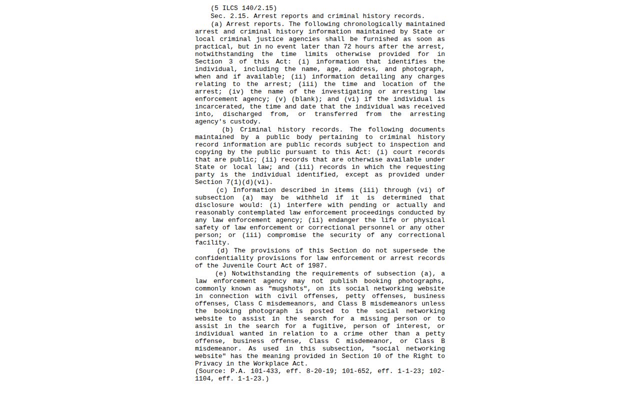 Illinois arrest-information statute for Alexander County booking record requests